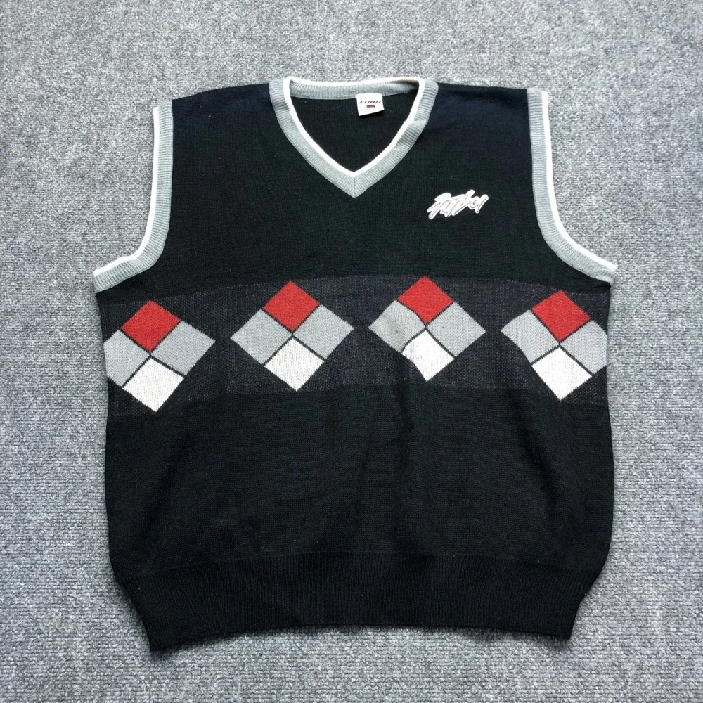 FUBU The Collection Mens Vintage Argyle V-Neck Sweater Vest Black Red Grey L USA